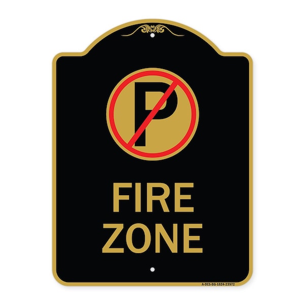 Designer Series Fire Zone No Parking, Black & Gold Aluminum Sign, 18" x 24", BG-1824-23972